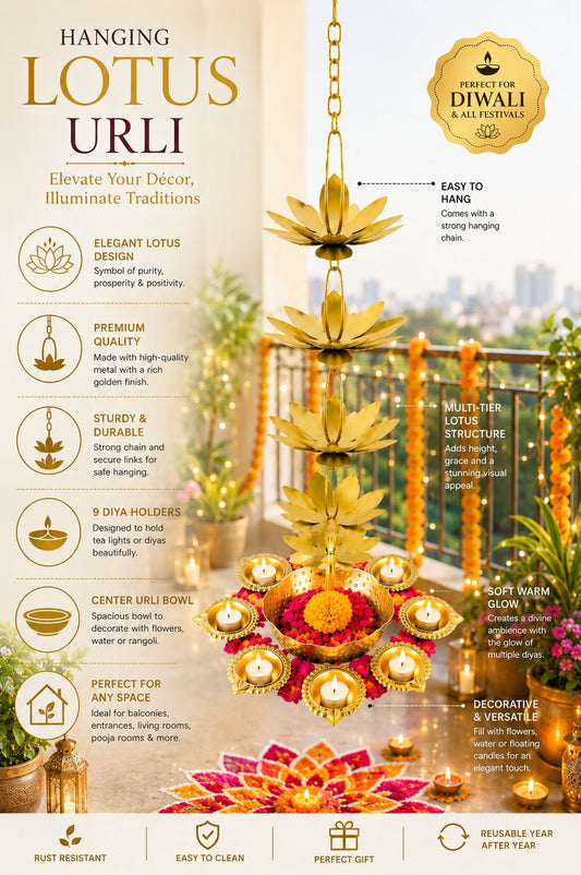 premium hanging lotus urli with 9 diya holders decorative metal hanging urli for floating flowers candles water decor traditional hanging diya urli for diwali pooja wedding home decoration