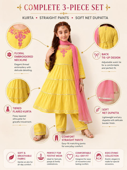 Indi Loom Couture Girls Lime Green Embroidered Tiered Kurta with Pants & Dupatta Set ILKSD74