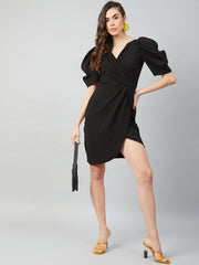 athena black tulip wrap dress with volume sleeves