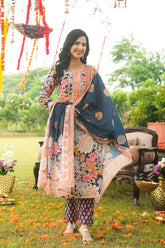 blue rayon blend floral printed straight kurta trousers with dupatta