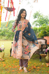 blue rayon blend floral printed straight kurta trousers with dupatta