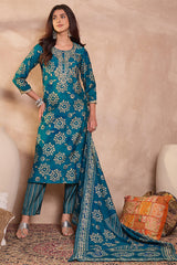 blue rayon blend floral printed straight kurta trouser with dupatta