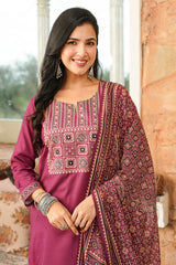 purple rayon blend ajrakh printed straight kurta trousers with dupatta