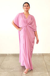 Mush - Light Lavender Center Pleated Evening Crepe Dress with Pearl Embellishments and Hidden Belt