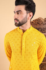 yellow viscose rayon solid embroidered straight kurta for men