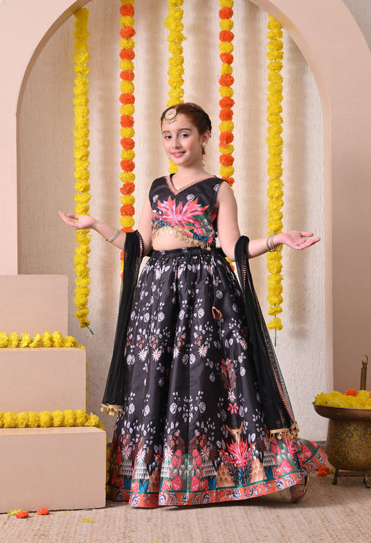 Girls Black Floral Printed Lehenga Choli with Dupatta Set ILLCD35