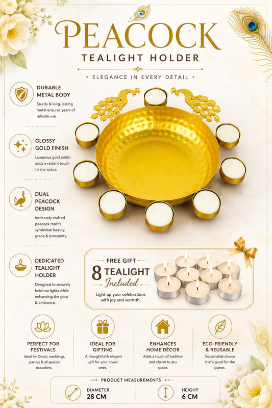 premium peacock urli bowl with 8 tealight holders decorative metal floating flower urli for water candles tea lights traditional pooja bowl for diwali wedding home festive decoration