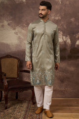 green silk blend solid embroidered straight kurta with trouser