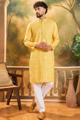 yellow silk blend solid embroidered straight kurta