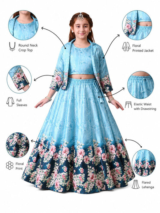 Indi Loom Couture Girls Sky Blue Floral Printed Crop Top with Jacket & Flared Skirt Co Ord Set ILLCJ48