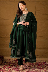 green cotton embroidered anarkali suit set