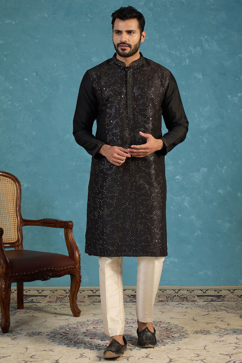 Silk Blend Black Solid Embroidered Calf Length Straight Kurta With Trousers