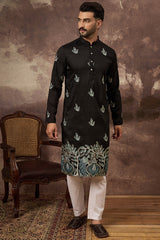 black silk blend solid embroidered straight kurta with trouser