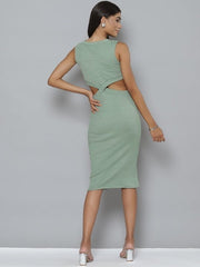 SASSAFRAS - Sage Green Waist Cut - Out Ribbed Bodycon Midi Dress