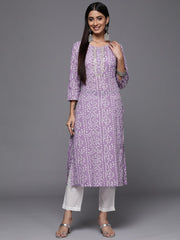 Varanga - Lavender Bandhani Print Embroidered Kurta Has Round Neck