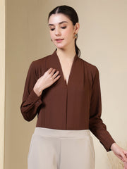 women v neck pleated long sleeve elegant office wear everyday casual top 1