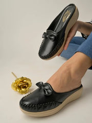 Shoetopia - Upper Bow Detailed Black Slip-On Loafers For Women & Girls