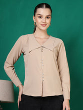 womens solid v neck long sleeve shirt with wide collar