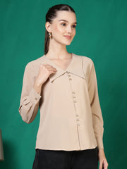 womens solid v neck long sleeve shirt with wide collar