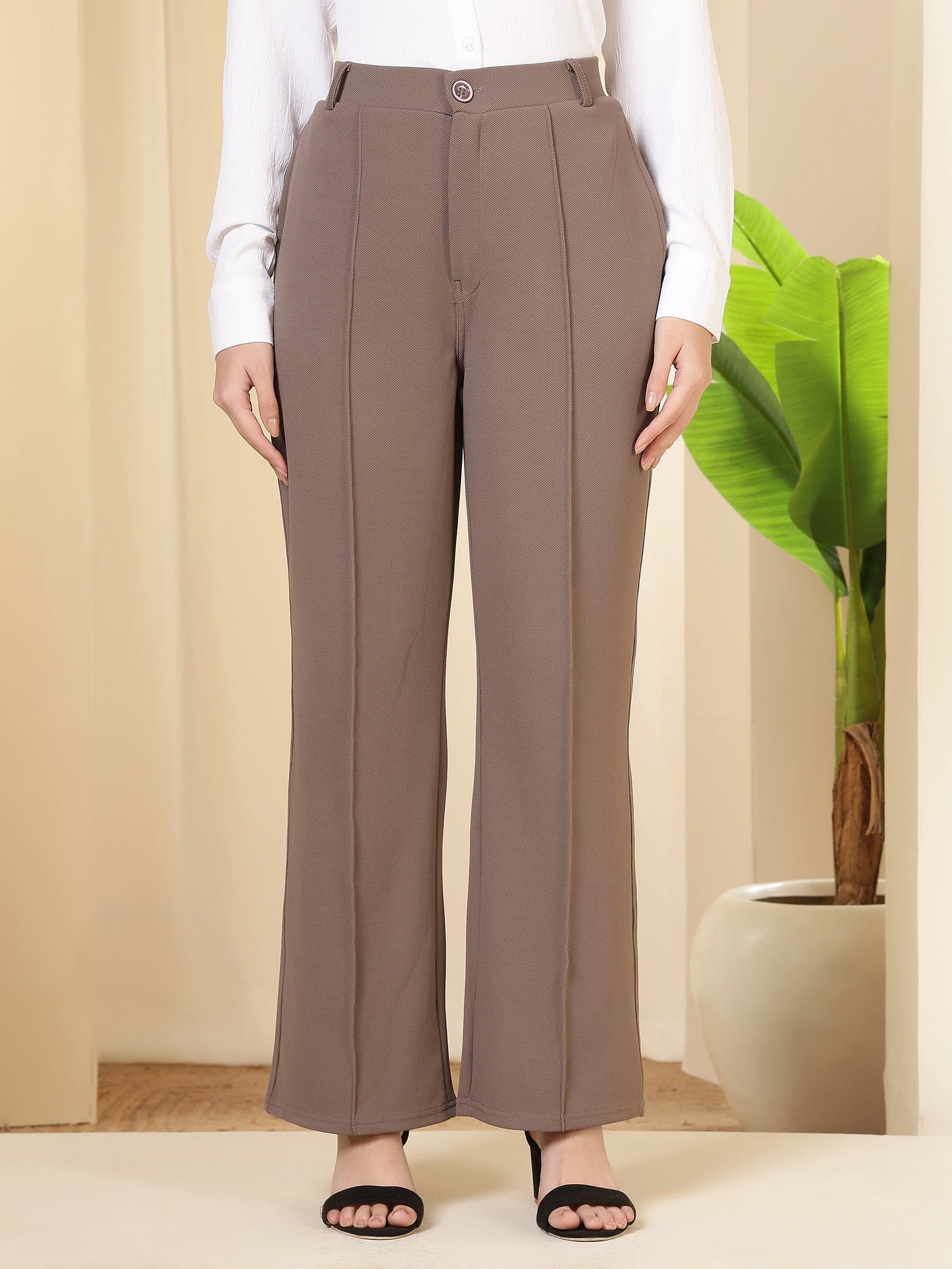 women high waist wide leg solid polycotton trousers
