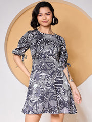 Zummer Black Paisley Ruched Sleeves Short Dress