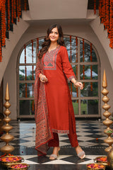 brown rayon blend ajrakh printed straight kurta trousers with dupatta