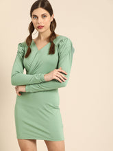 athena classy olive green bishop sleeves bodycon dress