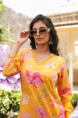 yellow silk blend floral printed straight kurta trousers with dupatta