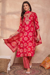 pink rayon blend floral printed straight kurta trouser with dupatta