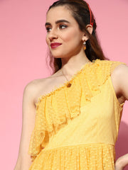 athena lemon one shoulder frill dobby tulle dress