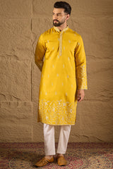 yellow chanderi silk solid embroidered straight kurta with trouser