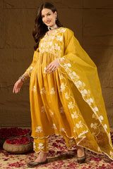 yellow silk blend solid embroidered a line kurta trouser with dupatta