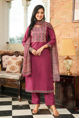 purple rayon blend ajrakh printed straight kurta trousers with dupatta