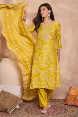 yellow floral printed straight kurta trouser with dupatta