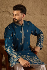 blue chanderi silk solid embroidered straight kurta with trouser