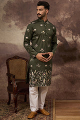 green silk blend solid embroidered straight kurta