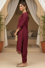 maroon silk blend ethnic motifs stoning straight kurta trouser with dupatta
