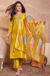 yellow silk blend solid embroidered straight kurta trouser with dupatta