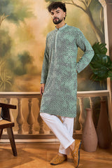 green viscose rayon shibori embroidered straight kurta with trouser