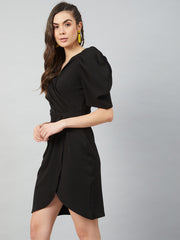 athena black tulip wrap dress with volume sleeves