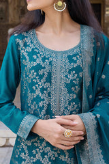 teal blue poly chanderi solid woven design straight trouser suit set
