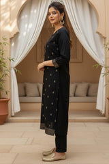 black silk blend ethnic motifs stoning straight kurta trouser with dupatta