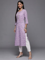 Varanga - Lavender Bandhani Print Embroidered Kurta Has Round Neck