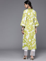 Varanga - Women Lime Green Floral Printed Kurta With V-Neck And Three Quarter Bell Sleeves