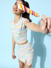 طقم نسائي من ستايلستون مكون من بلوزة وتنورة من البوليستر والليكرا المصبوغة بتقنية التاي داي