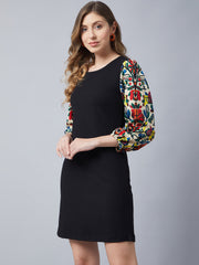 StyleStone Women's Black Dress with Printed Balloon Sleeves