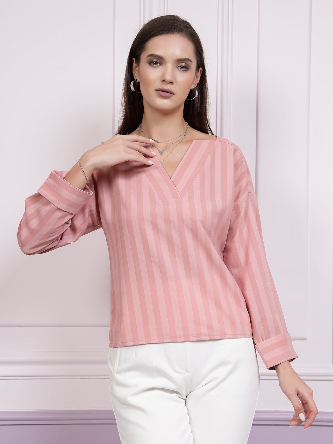 athena checked v neck cuffed sleeves regular top