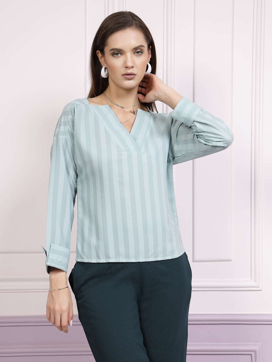 athena teal striped v neck top