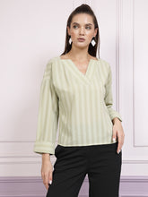 athena green striped notched neck top