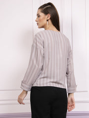 athena vertical stripes v neck cuffed sleeves regular top